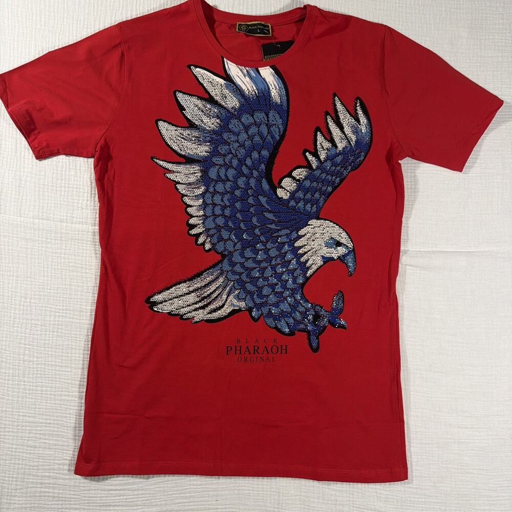 Black Pharaoh Men's Size L Rhinestone Eagle Graphic Red T-shirt